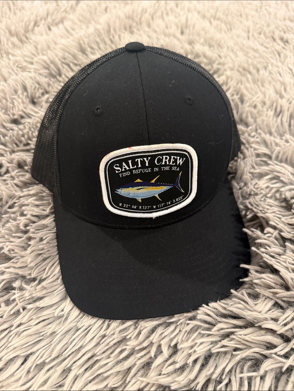 Salty Crew Black Hat with Multicolor Fish Patch